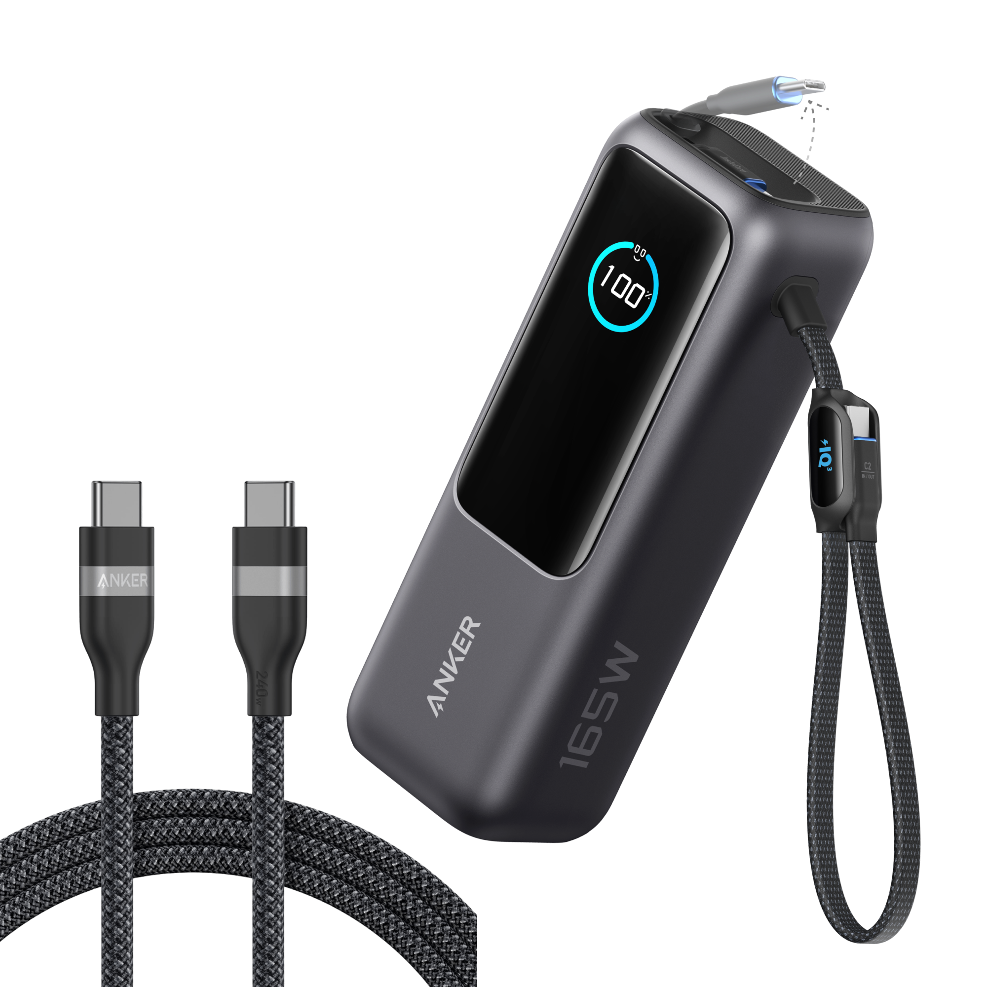 Laptop Power Bank (25K, 165W, Built-In and Retractable Cables) and USB-C to USB-C Cable (6 ft, 240W, Upcycled-Braided)