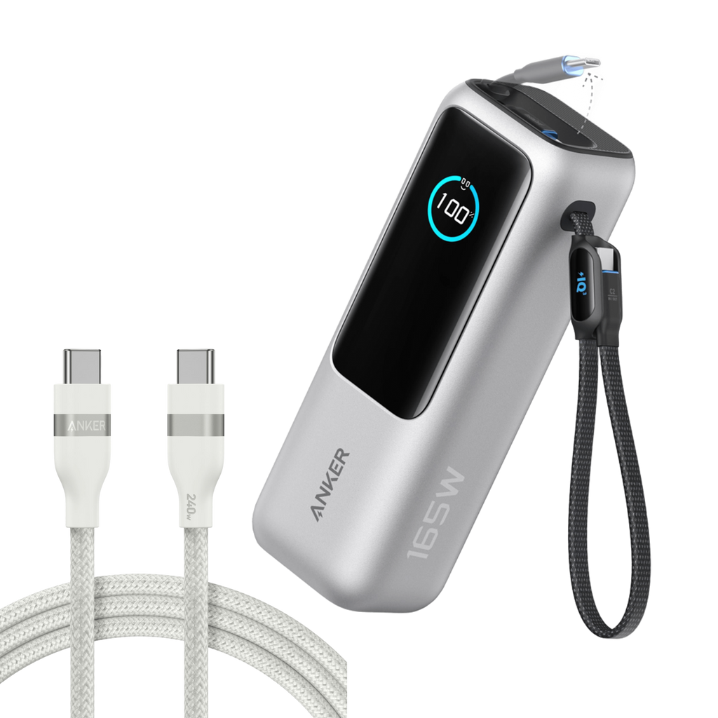 Laptop Power Bank (25K, 165W, Built-In and Retractable Cables) and USB-C to USB-C Cable (6 ft, 240W, Upcycled-Braided)